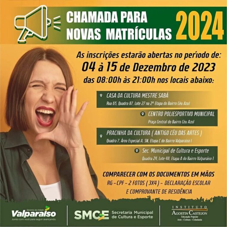 Leia mais sobre o artigo Chamada Pública Aberta: Inscrições para Atividades Culturais e Esportivas em Valparaíso de Goiás em 2024