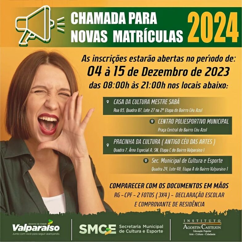 No momento, você está visualizando Chamada Pública Aberta: Inscrições para Atividades Culturais e Esportivas em Valparaíso de Goiás em 2024