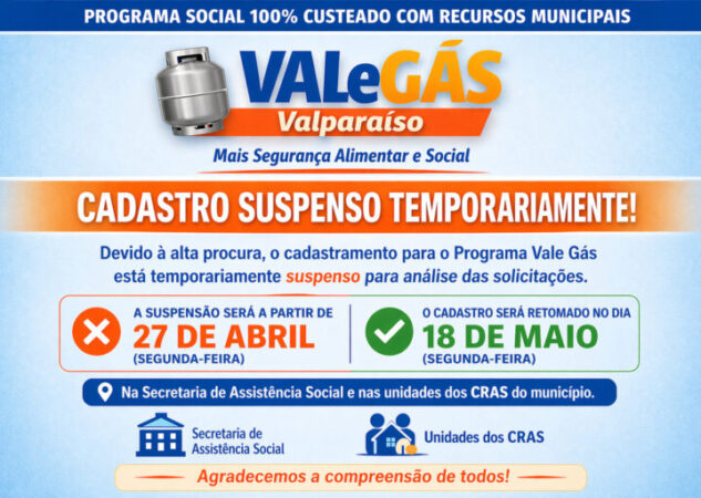 CADASTRO PARA O PROGRAMA VALE GÁS É SUSPENSO TEMPORARIAMENTE EM VALPARAÍSO DE GOIÁS